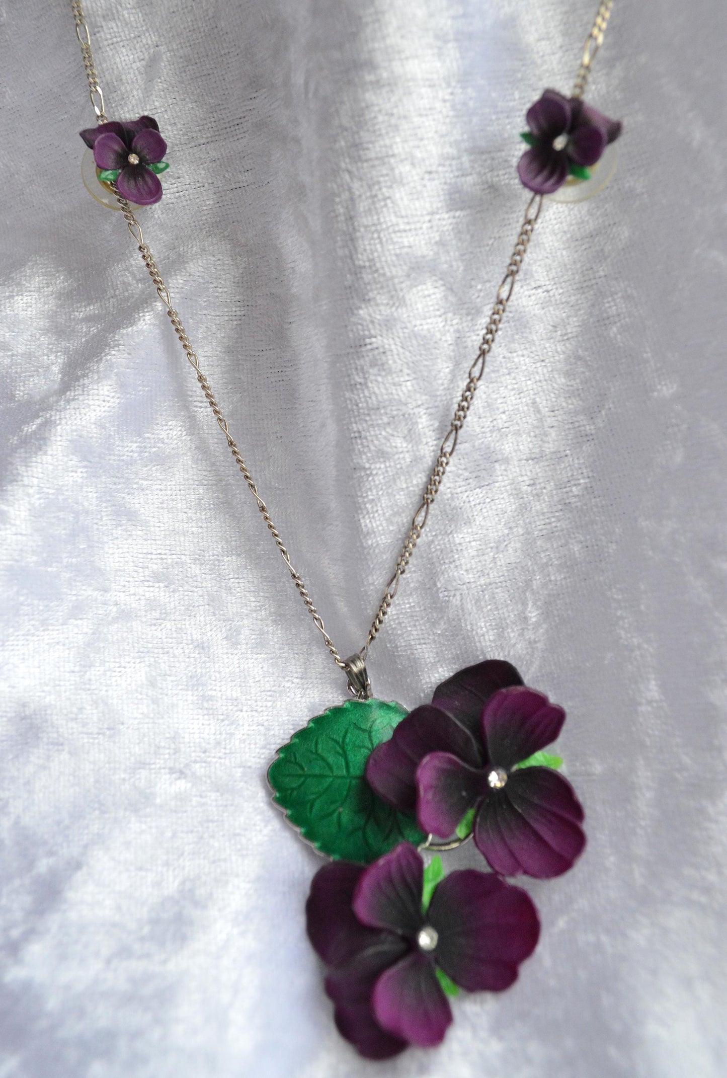 Vintage 1930s Celluloid Parma Violet Pendant Necklace Set 24" Chain Suffragette