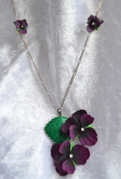 Vintage 1930s Celluloid Parma Violet Pendant Necklace Set 24" Chain Suffragette