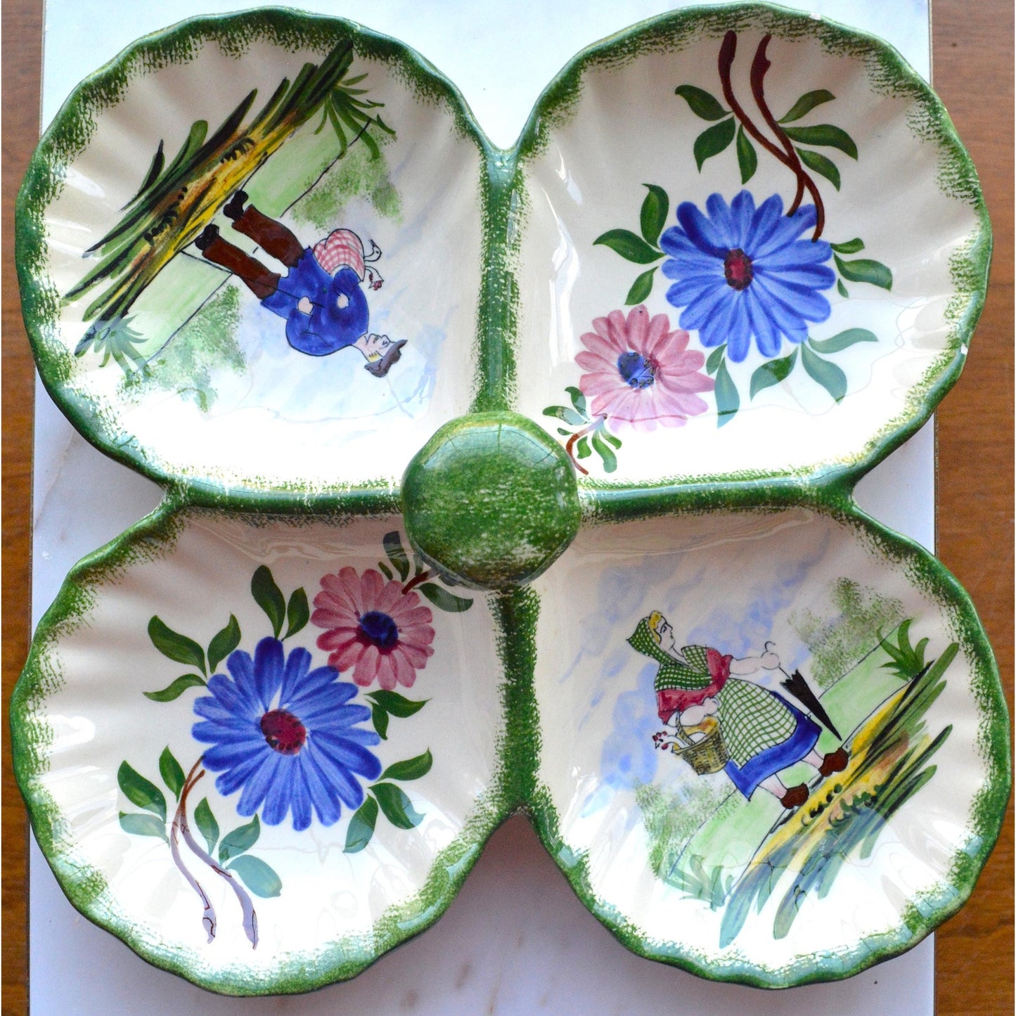 Vintage French Gabriel Fourmaintraux Desvres Hand-Painted Faience 4-Section Serving Dish