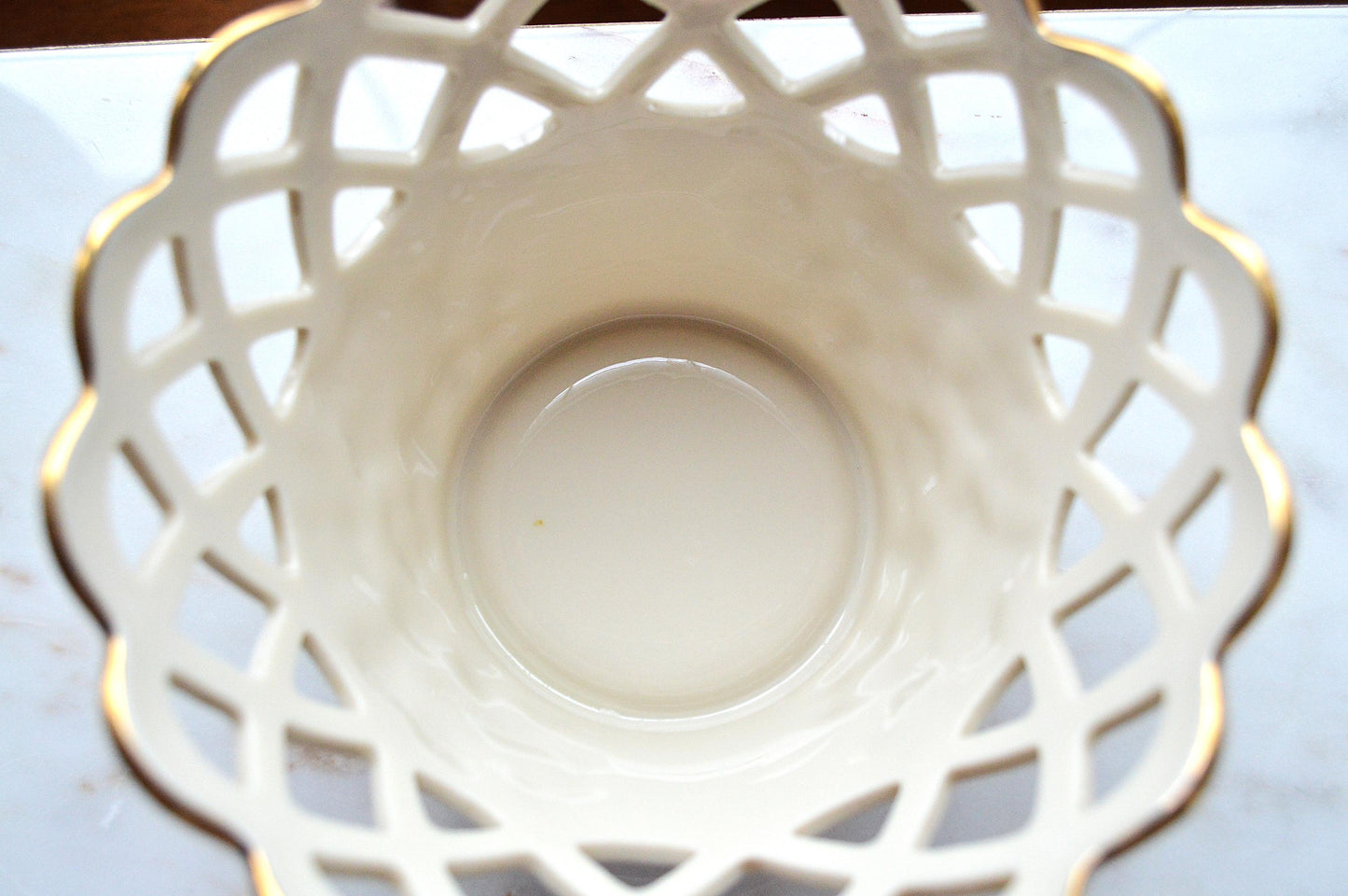 Vintage Lenox Golden Meadows Pierced Lattice Basket – Ivory Fine Bone China with 24K Gold Rim – 7" Floral Footed Bowl – Made in USA