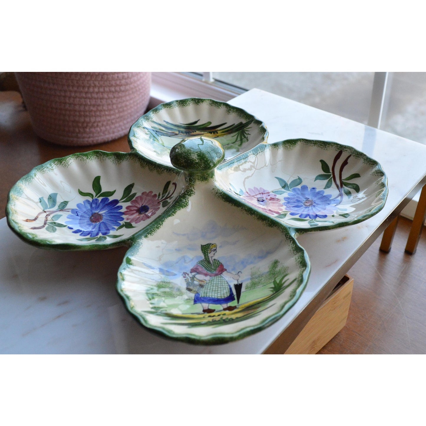 Vintage French Gabriel Fourmaintraux Desvres Hand-Painted Faience 4-Section Serving Dish