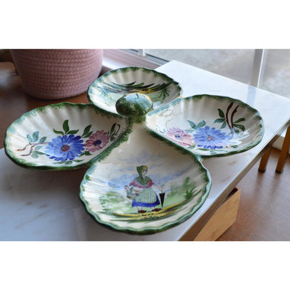 Vintage French Gabriel Fourmaintraux Desvres Hand-Painted Faience 4-Section Serving Dish