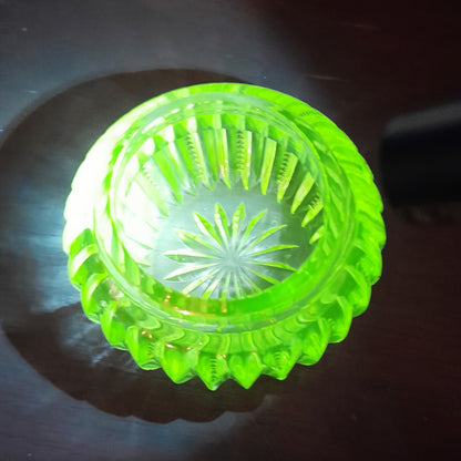 Antique UV Reactive "Glow Glass" Powder Jar - Art Nouveau Jeweled Brass Lid - Victorian Cut Glass Dresser Box - Manganese/Uranium Reactive