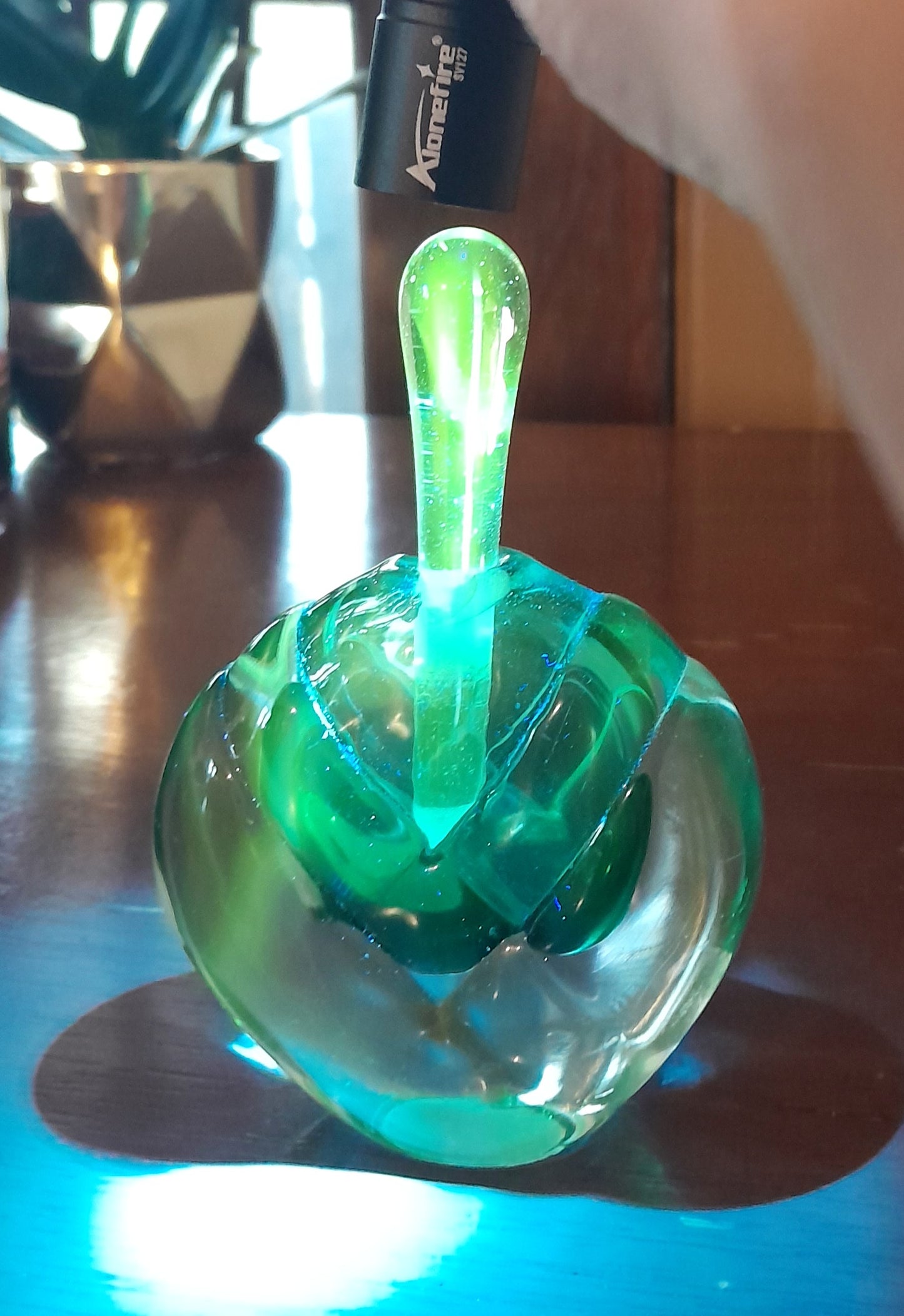 Vintage Sommerso UV Reactive Art Glass Perfume Bottle with Stopper, Emerald Green & Clear Glass, Mid Century Scent Bottle, As is