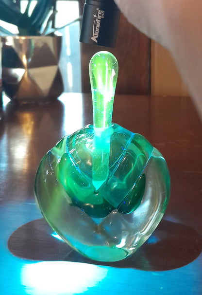 Vintage Sommerso UV Reactive Art Glass Perfume Bottle with Stopper, Emerald Green & Clear Glass, Mid Century Scent Bottle, As is