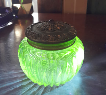Antique UV Reactive "Glow Glass" Powder Jar - Art Nouveau Jeweled Brass Lid - Victorian Cut Glass Dresser Box - Manganese/Uranium Reactive