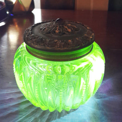 Antique UV Reactive "Glow Glass" Powder Jar - Art Nouveau Jeweled Brass Lid - Victorian Cut Glass Dresser Box - Manganese/Uranium Reactive