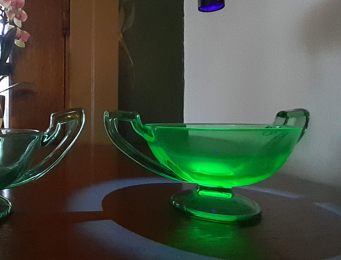 Vibrant Uranium Glass Sugar & Creamer Set - Glowing Green Depression Era Glass - Art Deco Handles