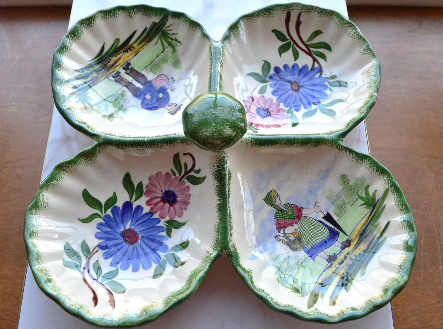 Vintage French Gabriel Fourmaintraux Desvres Hand-Painted Faience 4-Section Serving Dish