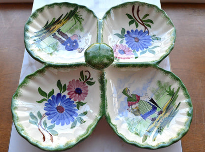 Vintage French Gabriel Fourmaintraux Desvres Hand-Painted Faience 4-Section Serving Dish