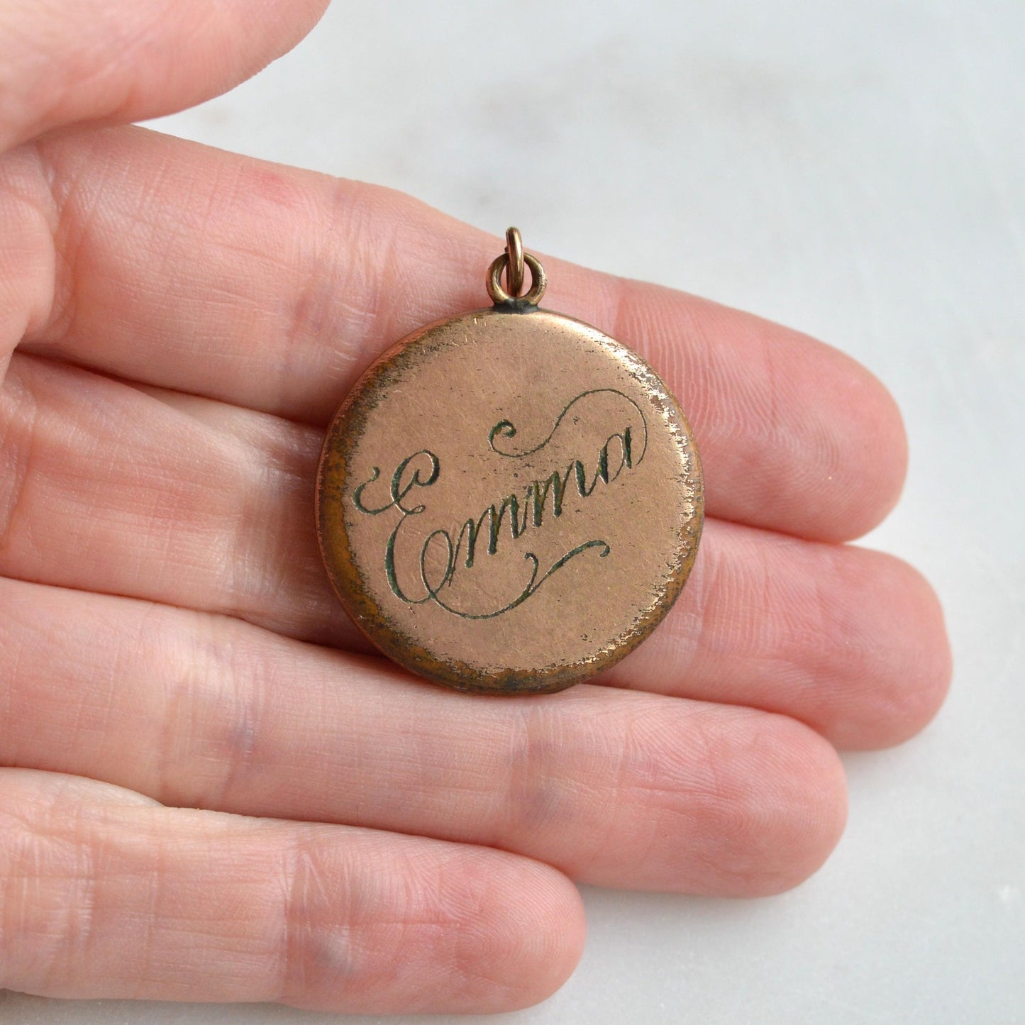 Antique Edwardian Locket by SBC Co. – Double-Sided Hand-Engraved "Emma" & Lucky Pinstripe Paste Horseshoe Pendant – Circa 1910 Gold Filled