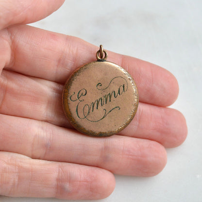 Antique Edwardian Locket by SBC Co. – Double-Sided Hand-Engraved "Emma" & Lucky Pinstripe Paste Horseshoe Pendant – Circa 1910 Gold Filled