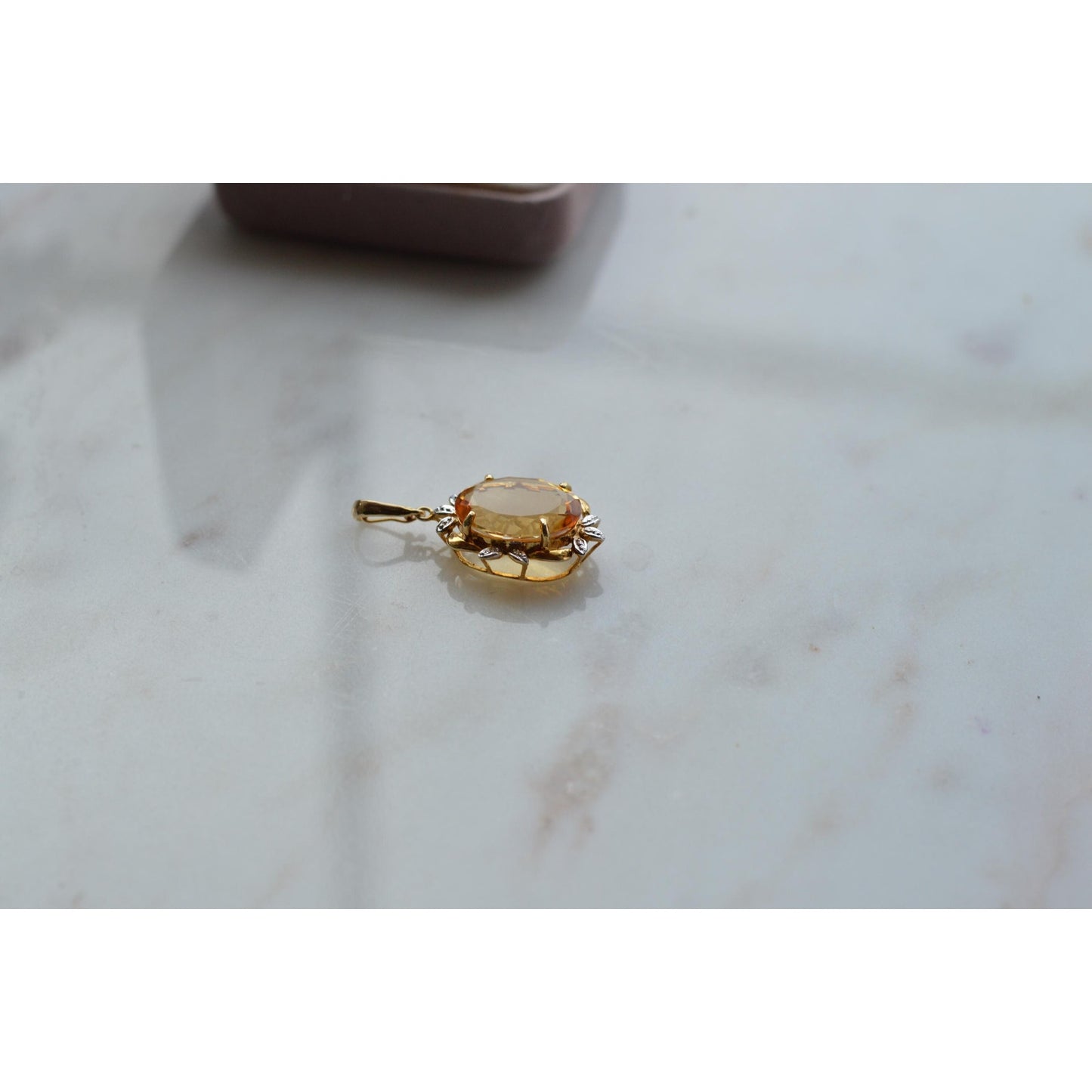 14K Gold Citrine Diamond Pendant – Mid-Century Floral Halo Estate Jewelry