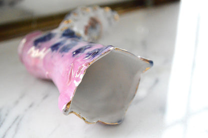 Vintage Victorian Porcelain Boot Figurine – Pink & Cobalt Blue Marbled Bud Vase – 3D Applied Flowers – Antique German Souvenir Shoe