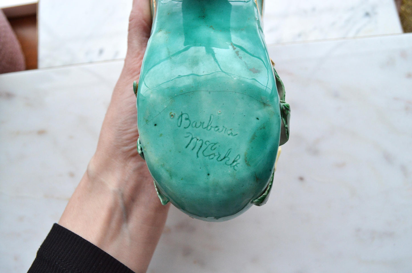 Vintage Signed Barbara McCorkle Ceramic Shoe Planter As-Is Turquoise Rose 7", Flawed