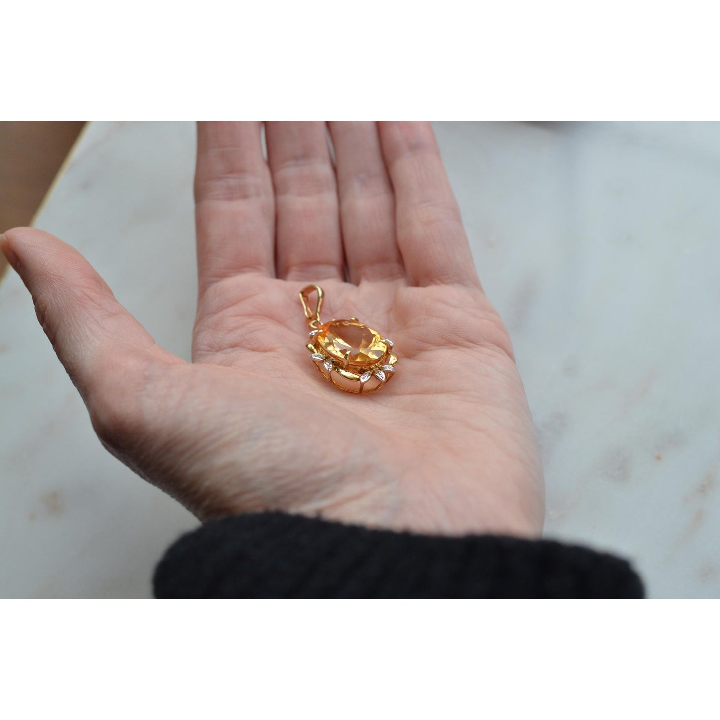 14K Gold Citrine Diamond Pendant – Mid-Century Floral Halo Estate Jewelry