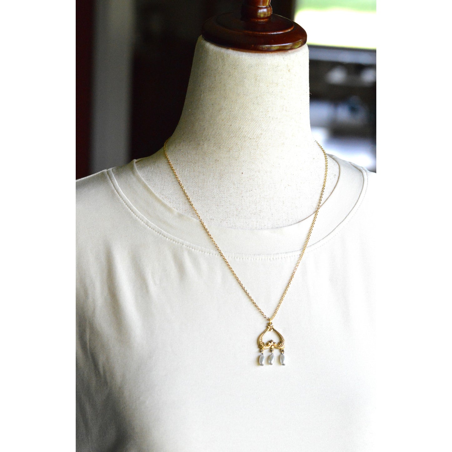 OOAK Handmade Upcycled Vintage Earring Lavalier Necklace, Teardrop Pearl 20"
