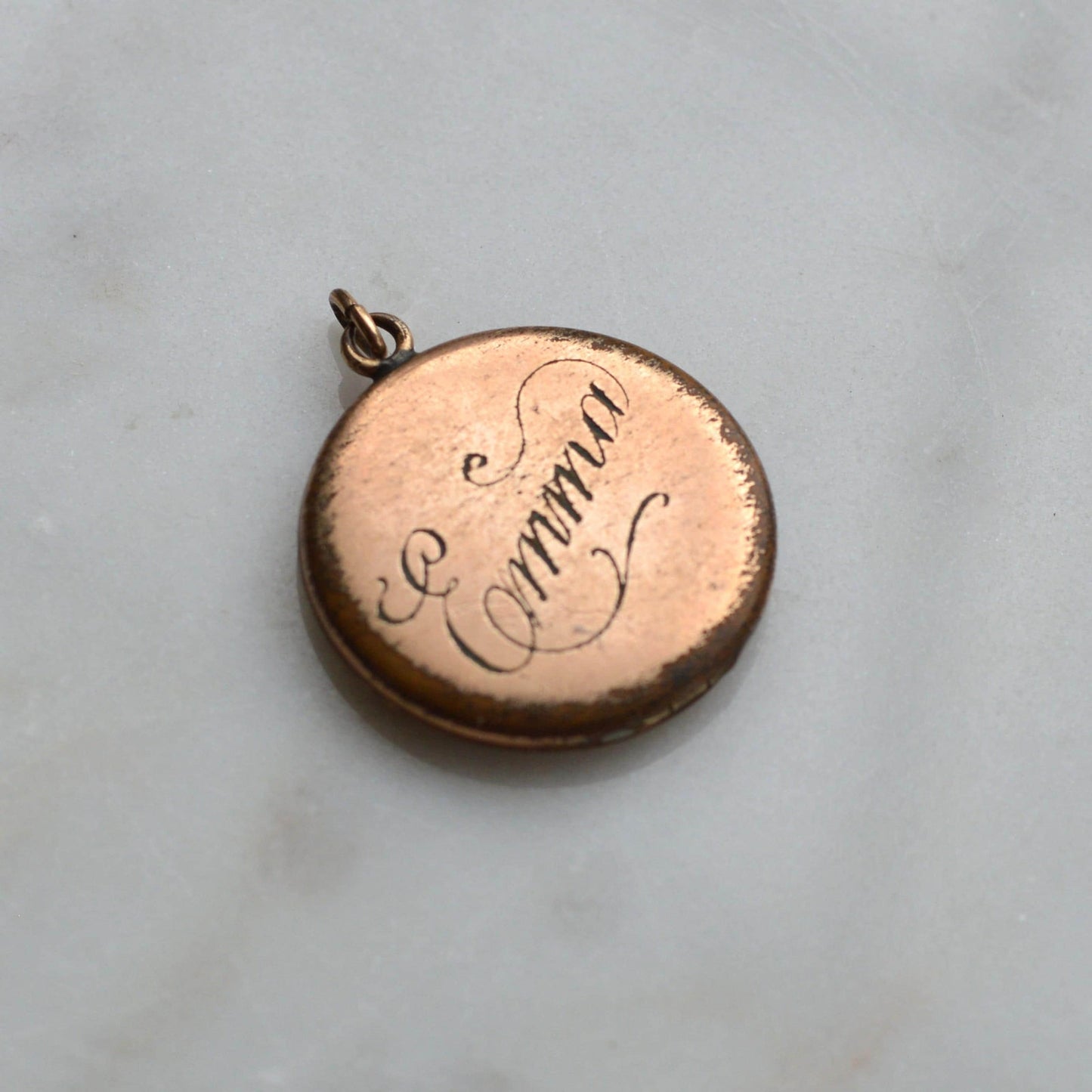 Antique Edwardian Locket by SBC Co. – Double-Sided Hand-Engraved "Emma" & Lucky Pinstripe Paste Horseshoe Pendant – Circa 1910 Gold Filled