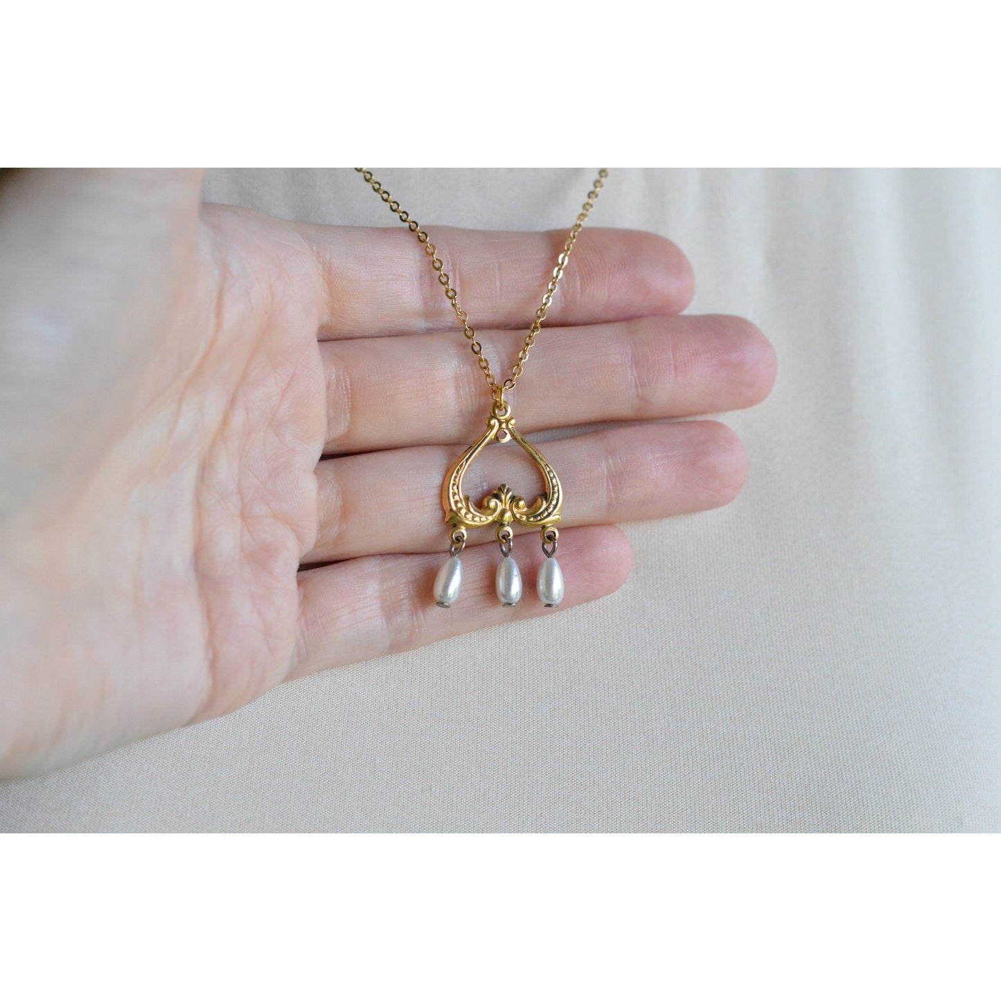 OOAK Handmade Upcycled Vintage Earring Lavalier Necklace, Teardrop Pearl 20"