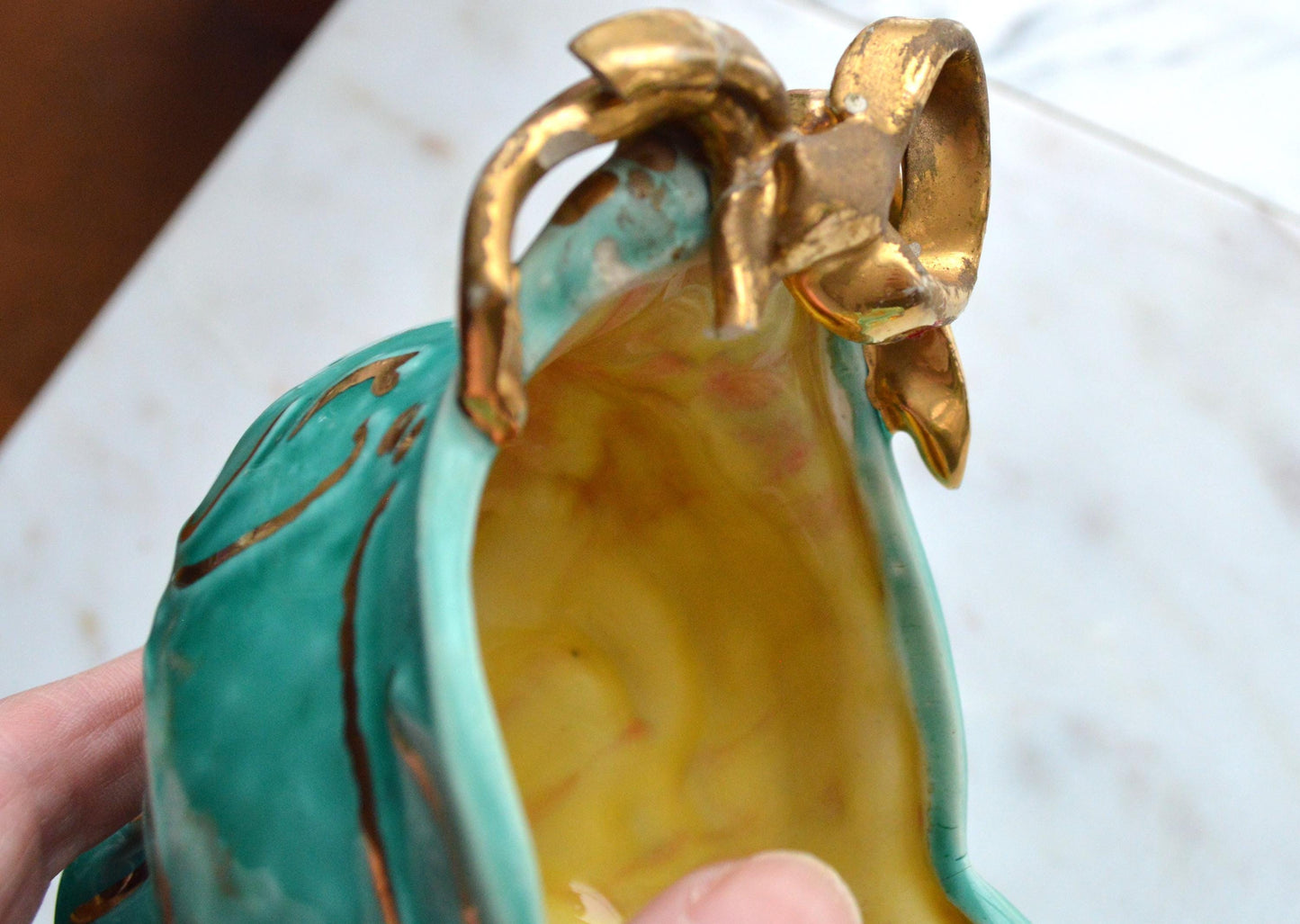 Vintage Signed Barbara McCorkle Ceramic Shoe Planter As-Is Turquoise Rose 7", Flawed
