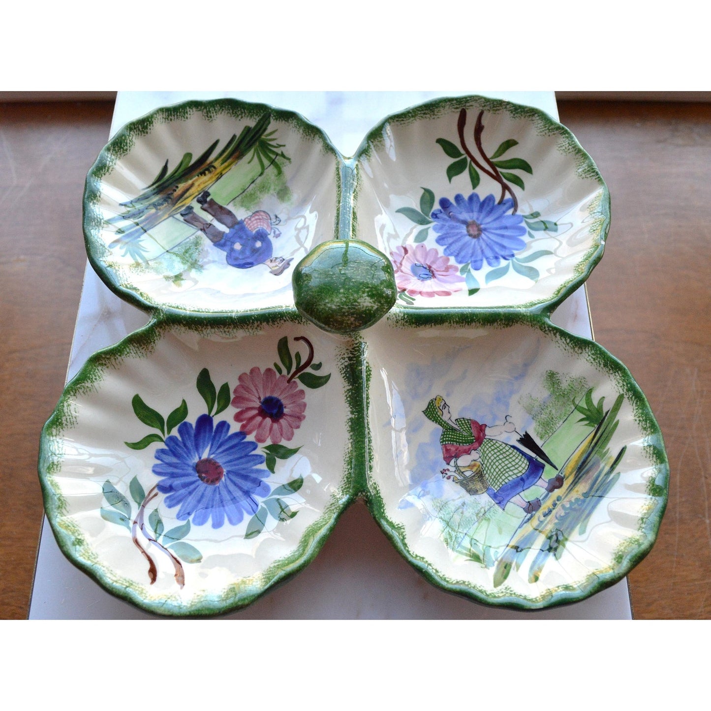 Vintage French Gabriel Fourmaintraux Desvres Hand-Painted Faience 4-Section Serving Dish