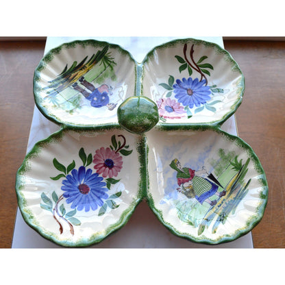 Vintage French Gabriel Fourmaintraux Desvres Hand-Painted Faience 4-Section Serving Dish