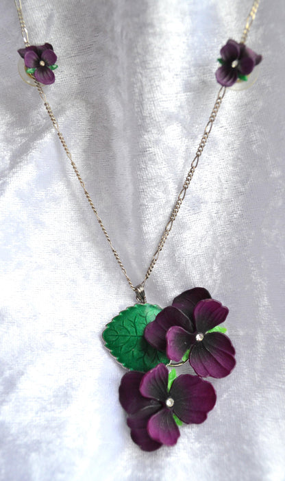 Vintage 1930s Celluloid Parma Violet Pendant Necklace Set 24" Chain Suffragette
