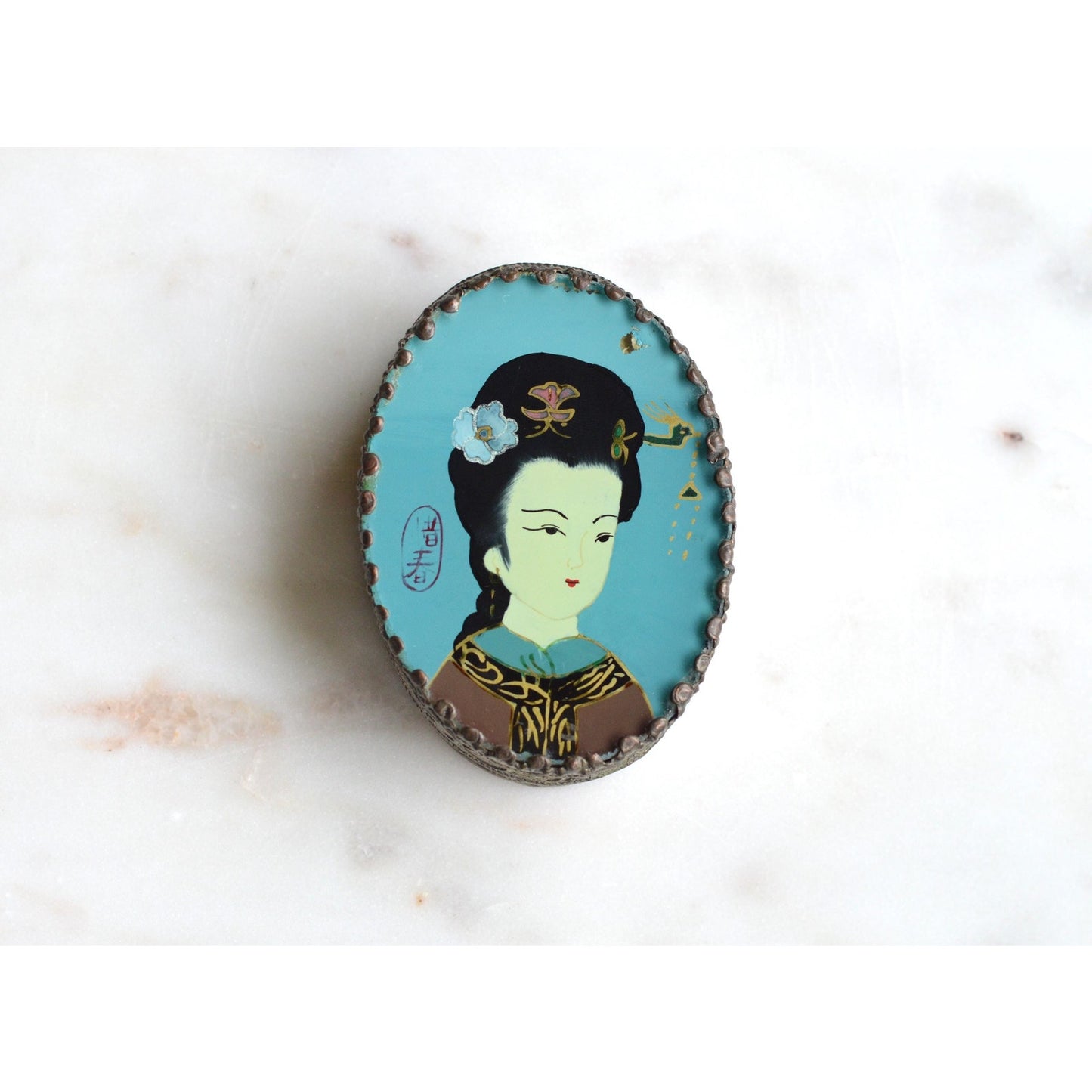 Vintage 1950s Chinese Reverse Painted Glass Zhaojun Trinket Box, Mirror Lid 2.6"