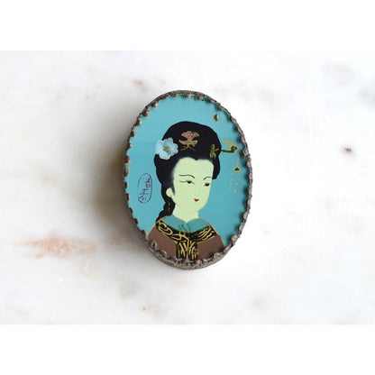 Vintage 1950s Chinese Reverse Painted Glass Zhaojun Trinket Box, Mirror Lid 2.6"