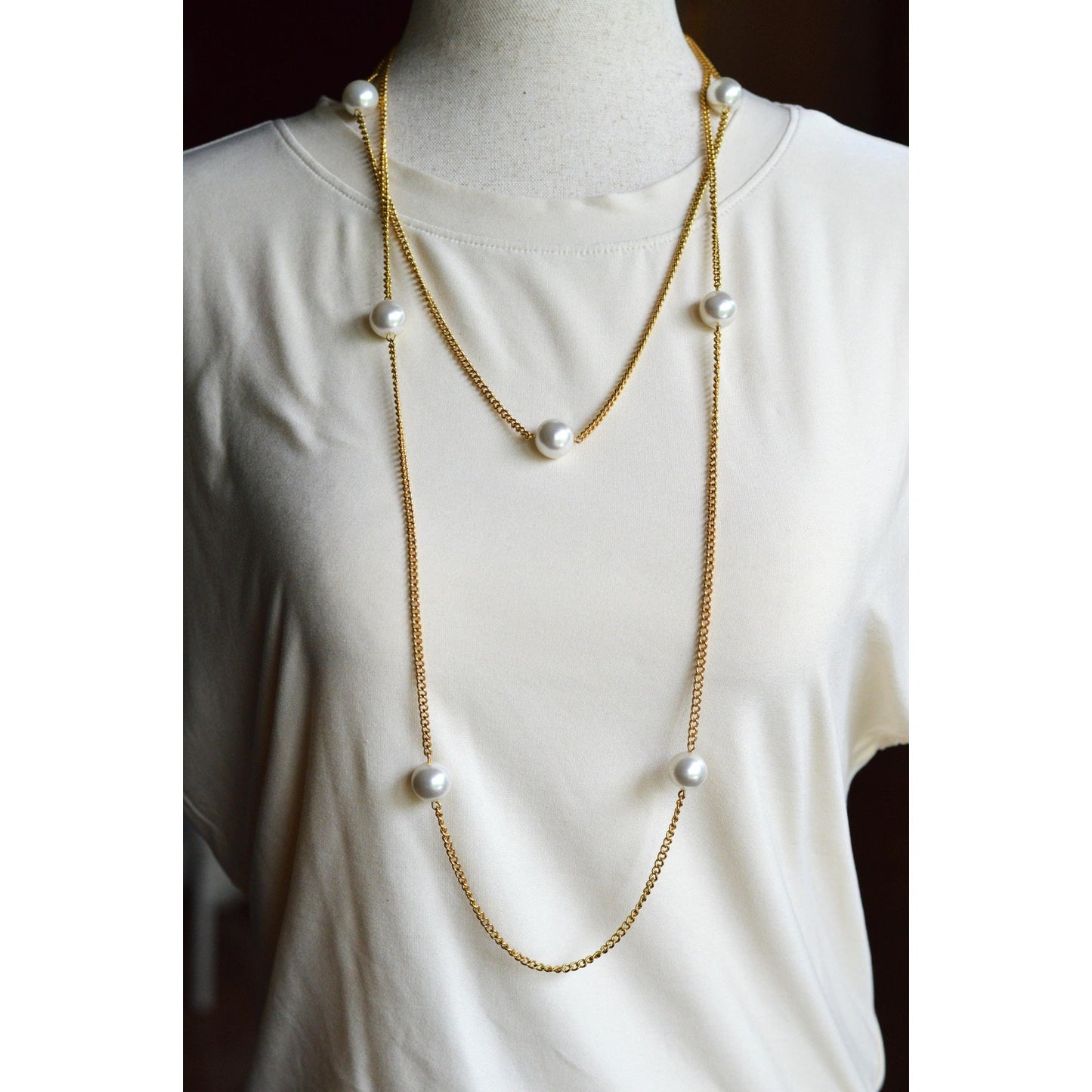 Vintage 1980s Extra Long 60" Faux Pearl Station Opera Sautoir Flapper Necklace