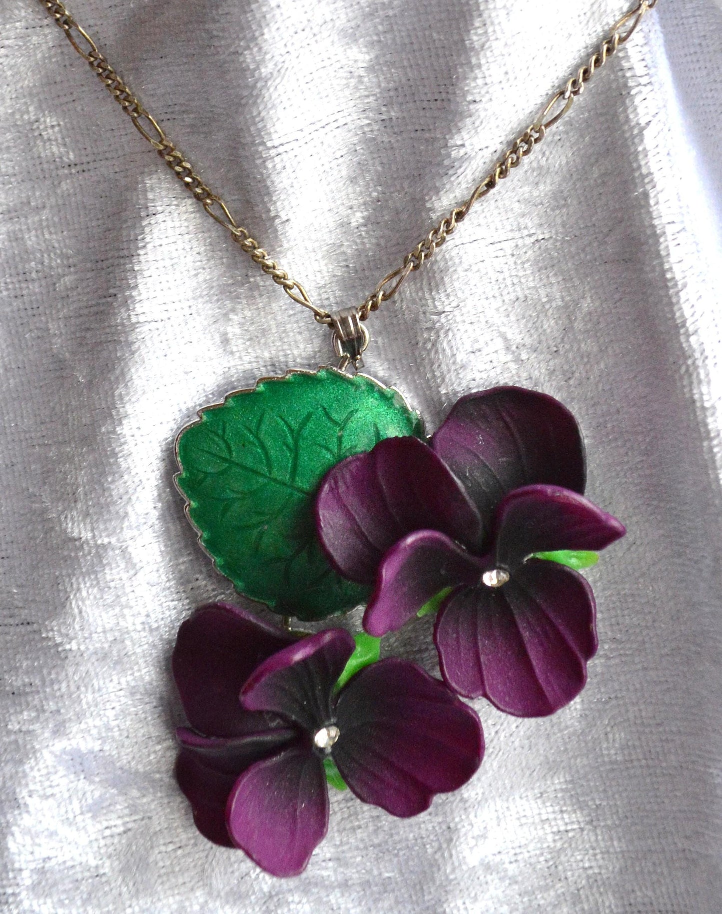 Vintage 1930s Celluloid Parma Violet Pendant Necklace Set 24" Chain Suffragette