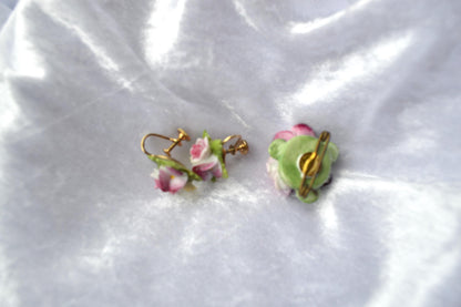 Vintage 1950s English Bone China Floral Brooch Earrings Set, Unsigned Pansy Rose
