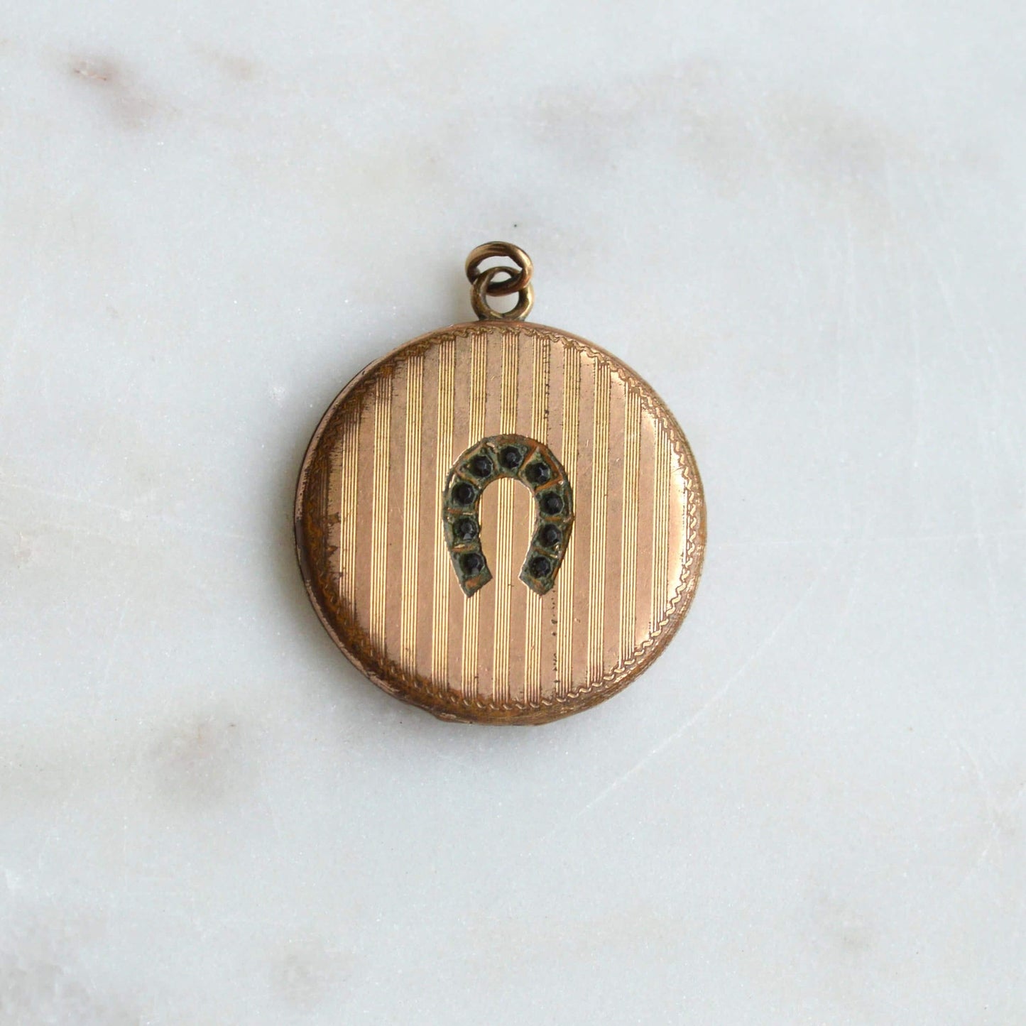 Antique Edwardian Locket by SBC Co. – Double-Sided Hand-Engraved "Emma" & Lucky Pinstripe Paste Horseshoe Pendant – Circa 1910 Gold Filled