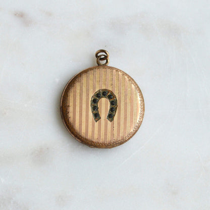 Antique Edwardian Locket by SBC Co. – Double-Sided Hand-Engraved "Emma" & Lucky Pinstripe Paste Horseshoe Pendant – Circa 1910 Gold Filled