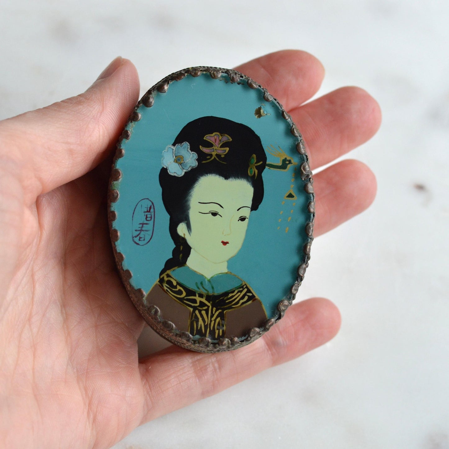 Vintage 1950s Chinese Reverse Painted Glass Zhaojun Trinket Box, Mirror Lid 2.6"