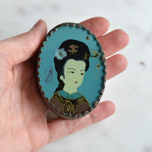 Vintage 1950s Chinese Reverse Painted Glass Zhaojun Trinket Box, Mirror Lid 2.6"