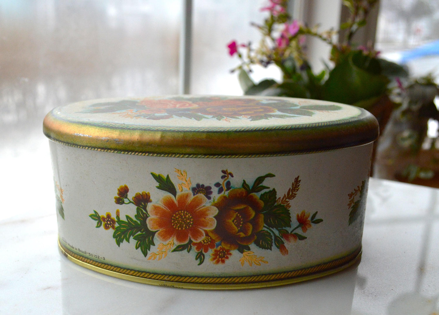 Vintage 1950s Meister Brazil Oval Floral Candy Tin 6x4" Pink Cabbage Rose Box