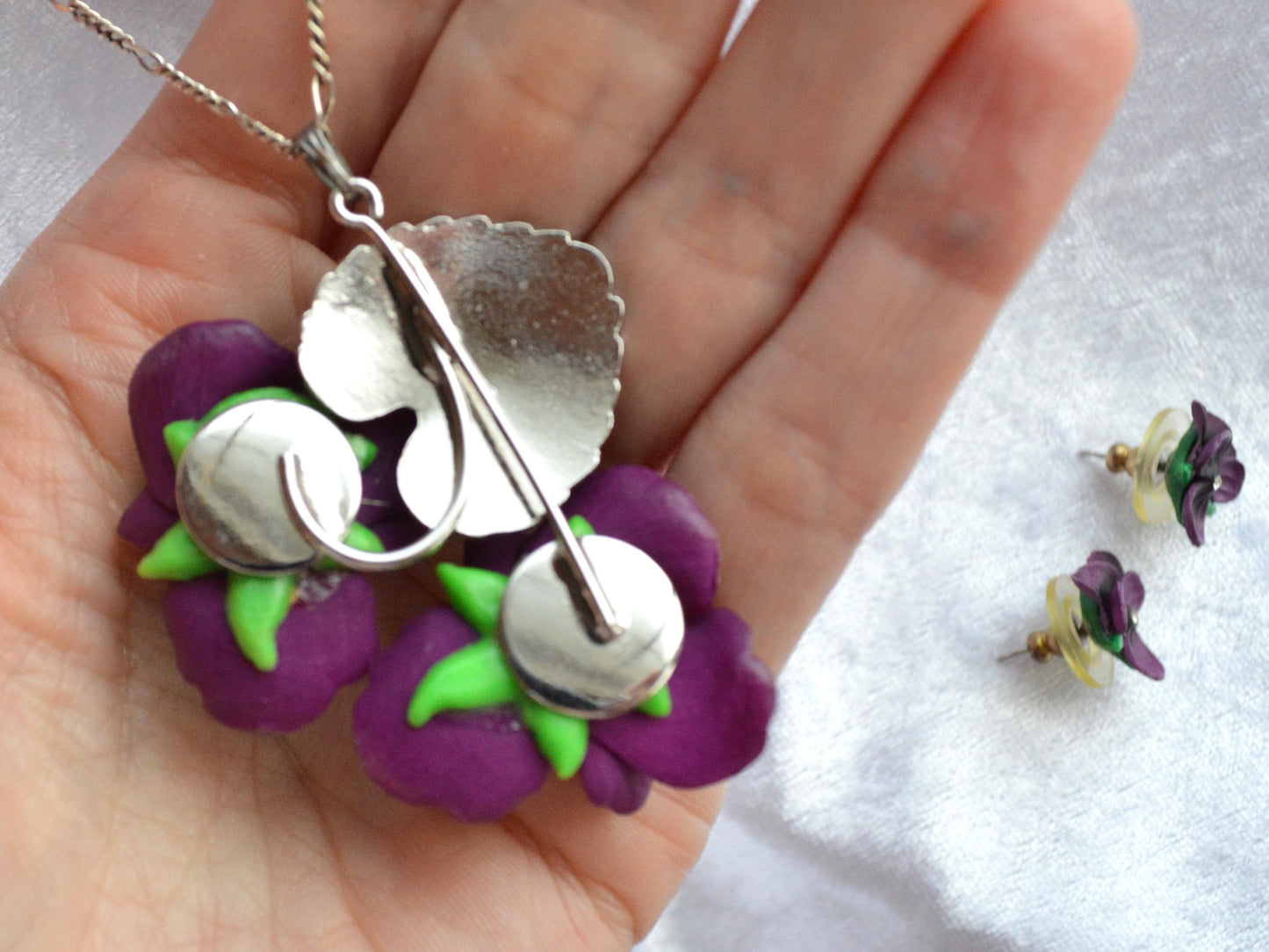 Vintage 1930s Celluloid Parma Violet Pendant Necklace Set 24" Chain Suffragette