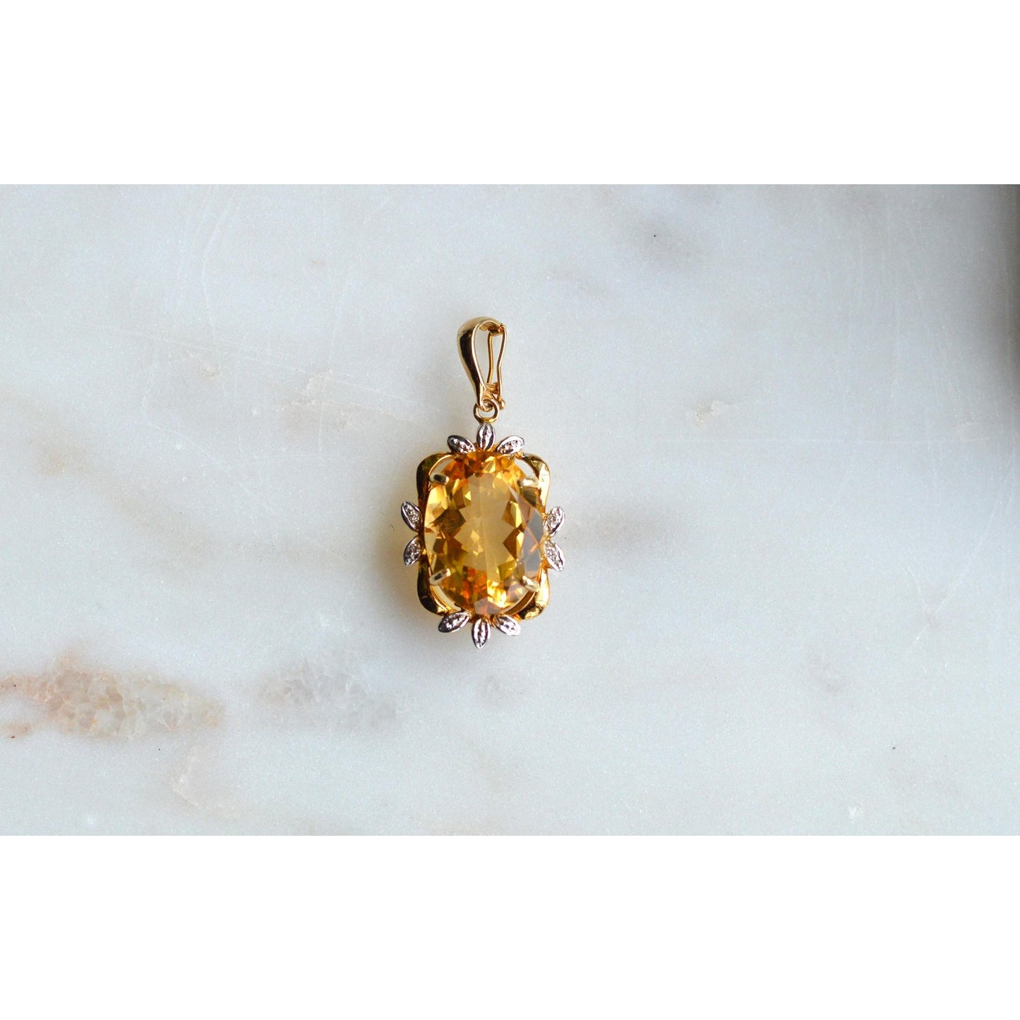 14K Gold Citrine Diamond Pendant – Mid-Century Floral Halo Estate Jewelry