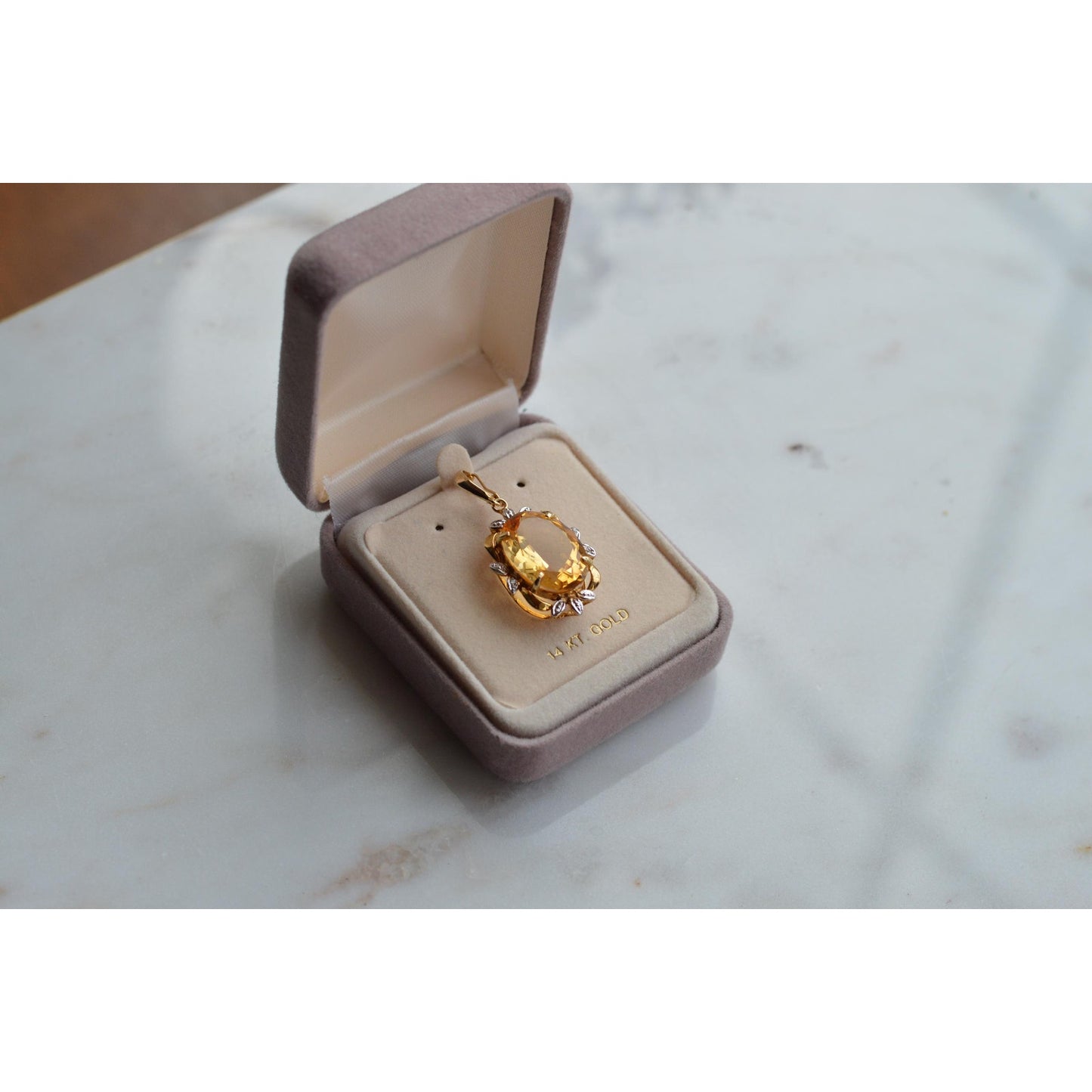 14K Gold Citrine Diamond Pendant – Mid-Century Floral Halo Estate Jewelry