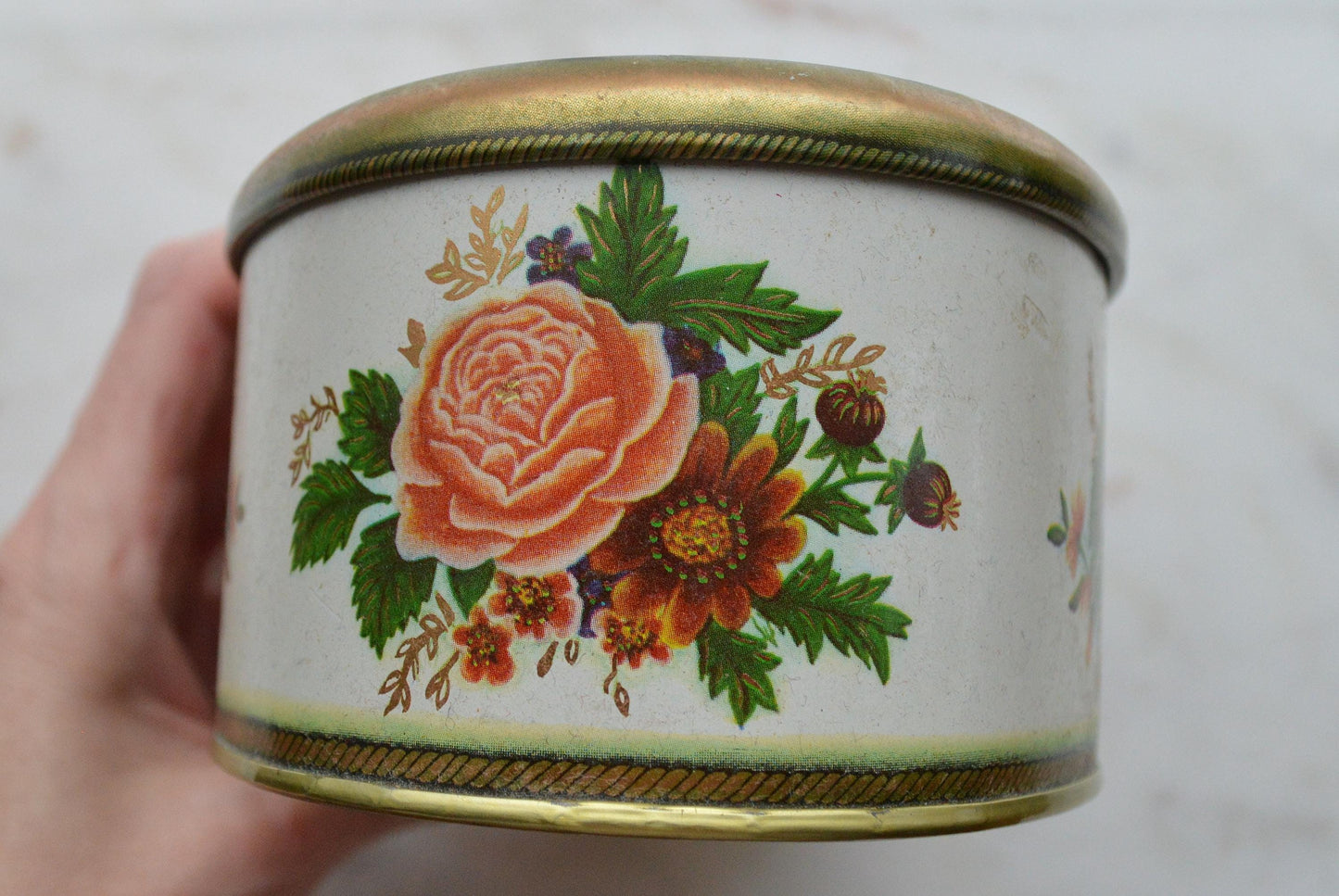 Vintage 1950s Meister Brazil Oval Floral Candy Tin 6x4" Pink Cabbage Rose Box
