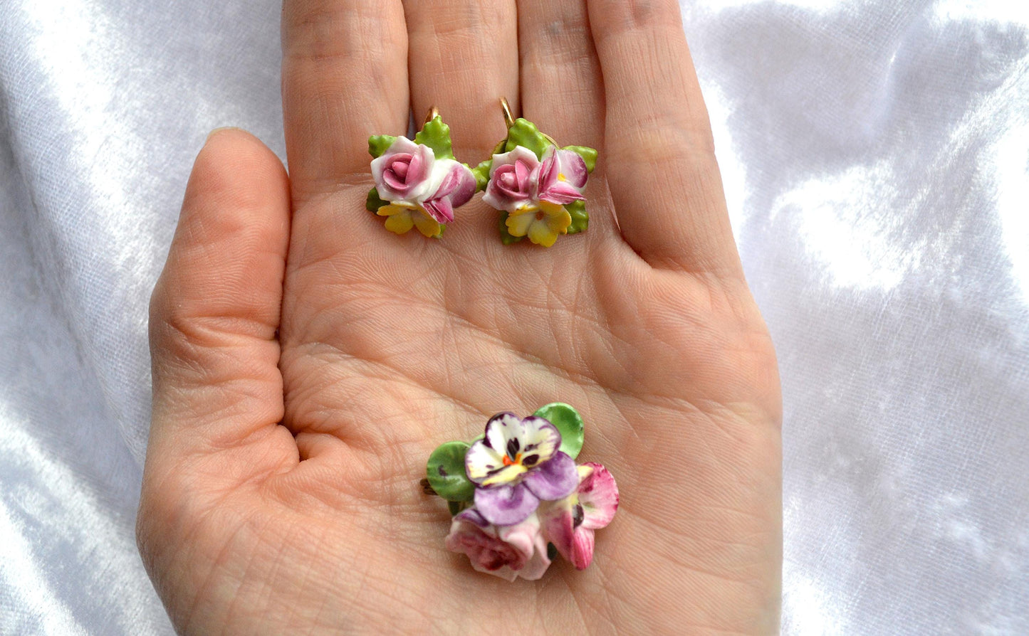 Vintage 1950s English Bone China Floral Brooch Earrings Set, Unsigned Pansy Rose