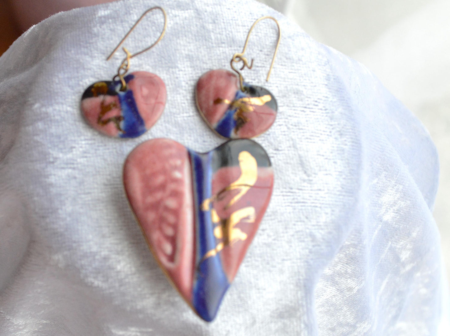 Vintage 1980s Handcrafted Ceramic Heart Brooch Earrings Set, Mauve Cobalt
