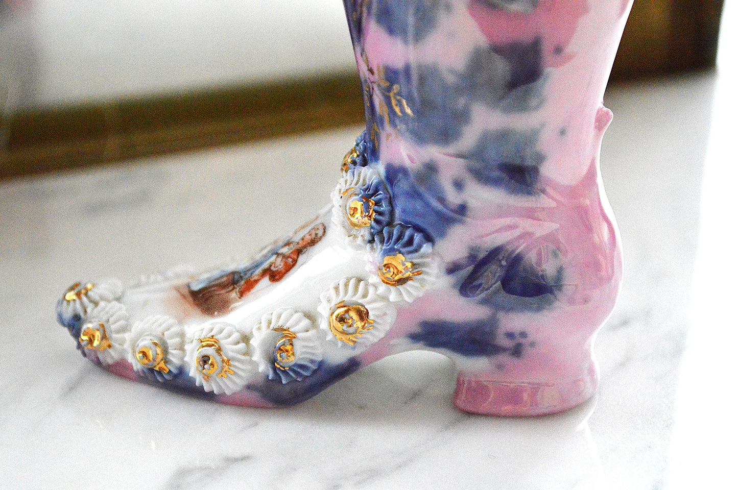 Vintage Victorian Porcelain Boot Figurine – Pink & Cobalt Blue Marbled Bud Vase – 3D Applied Flowers – Antique German Souvenir Shoe
