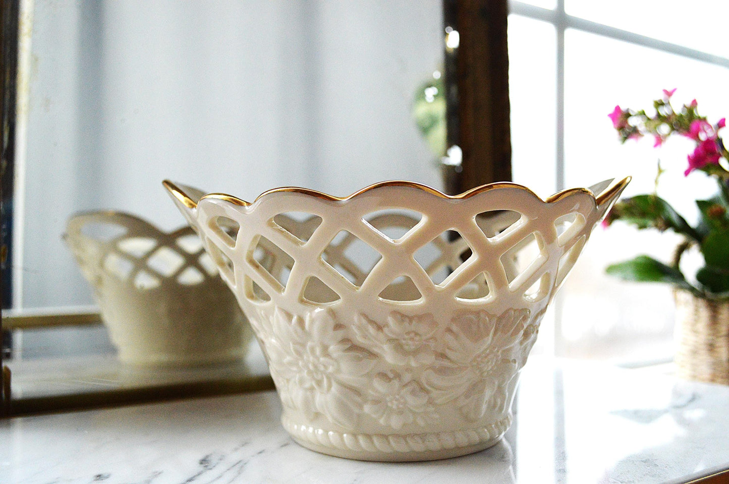 Vintage Lenox Golden Meadows Pierced Lattice Basket – Ivory Fine Bone China with 24K Gold Rim – 7" Floral Footed Bowl – Made in USA