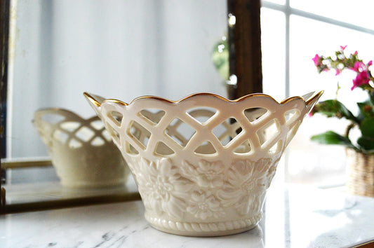 Vintage Lenox Golden Meadows Pierced Lattice Basket – Ivory Fine Bone China with 24K Gold Rim – 7" Floral Footed Bowl – Made in USA
