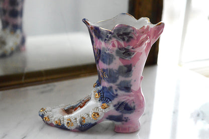Vintage Victorian Porcelain Boot Figurine – Pink & Cobalt Blue Marbled Bud Vase – 3D Applied Flowers – Antique German Souvenir Shoe