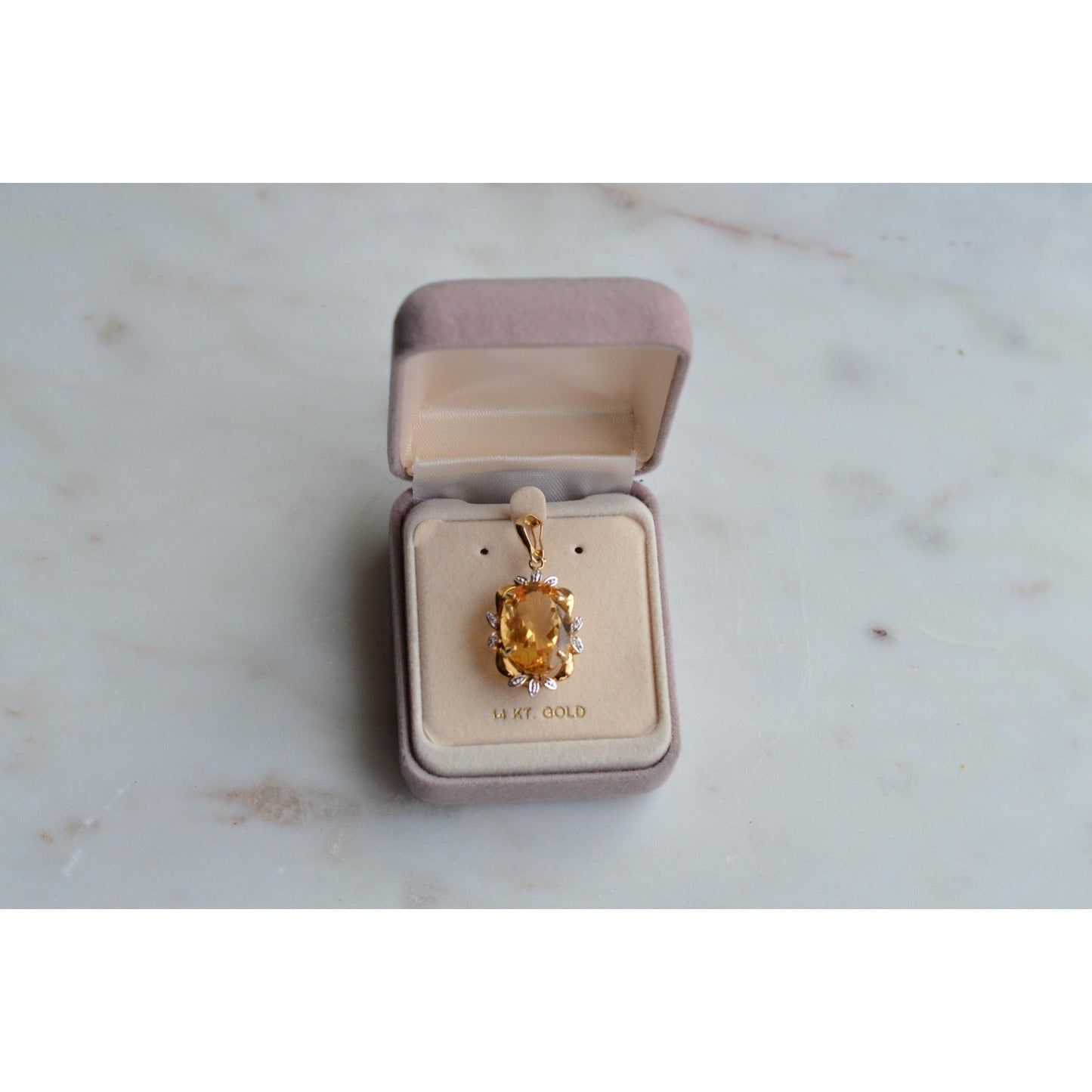 14K Gold Citrine Diamond Pendant – Mid-Century Floral Halo Estate Jewelry