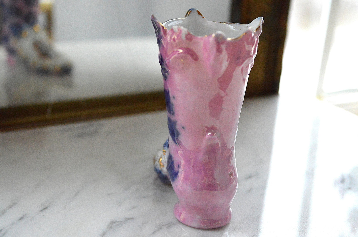 Vintage Victorian Porcelain Boot Figurine – Pink & Cobalt Blue Marbled Bud Vase – 3D Applied Flowers – Antique German Souvenir Shoe