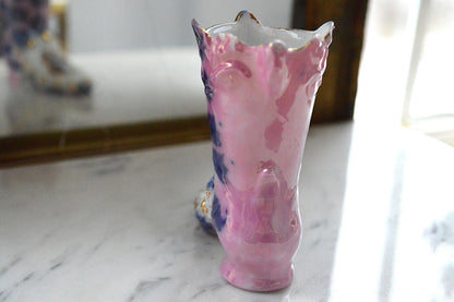 Vintage Victorian Porcelain Boot Figurine – Pink & Cobalt Blue Marbled Bud Vase – 3D Applied Flowers – Antique German Souvenir Shoe